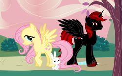 Size: 1280x800 | Tagged: safe, artist:tenshikui, angel bunny, oc, oc:scarlet shade, alicorn, pegasus, pony, alicorn oc, blush sticker, blushing, bush, couple, crossed arms, donut steel, edgy, happy, looking at each other, looking back, my little pony, quality, raised hoof, red and black oc, sitting, smiling, spread wings, tree