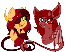 Size: 1500x1192 | Tagged: safe, artist:monster-drool, oc, oc only, oc:scarlet heart, oc:vallory, manticore, succubus, chest fluff, crossbreed, duo, eyepatch, female, horns, snaggletooth, tail