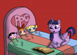 Size: 4961x3508 | Tagged: safe, artist:animanatole, twilight sparkle, twilight sparkle (alicorn), alicorn, pony, 4chan, bed, bedtime story, blossom (powerpuff girls), bubbles (powerpuff girls), buttercup (powerpuff girls), cozy, crossover, female, mare, the powerpuff girls