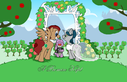 Size: 3188x2063 | Tagged: safe, artist:rhjunior, spike, dragon, pegasus, pony, unicorn, bible, book, bowtie, clothes, dress, female, male, marriage, straight, sweet apple acres, wedding, wedding dress, wedding veil