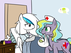 Size: 1107x823 | Tagged: safe, artist:reixxie, oc, oc only, oc:arctic mist, oc:doctor radiant heart, oc:kiwi lime, earth pony, pegasus, pony, bed, birth, female, foal, hospital, hospital gown, male, newborn, nurse