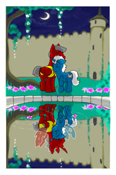 Size: 2450x3675 | Tagged: safe, artist:rhjunior, oc, oc only, changeling, pegasus, pony, unicorn, castle, female, male, pond, reflection, romeo and juliet, straight