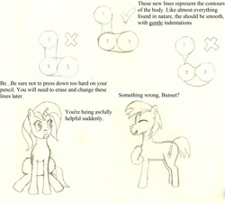 Size: 2560x2304 | Tagged: safe, artist:charliemane, part of a series, part of a set, oc, oc only, oc:bunset shimmer, oc:burnt umber, burnt buns, lineart, monochrome, raised hoof, traditional art, tutorial, you tried