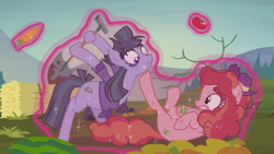 Size: 1366x768 | Tagged: safe, screencap, buzzsaw mccolt, tree h. hooffield, earth pony, pony, the hooffields and mccolts, background pony, carrot, clothes, duo, female, food, freeze spell, hat, hooffield x mccolt, magic, magic aura, mare, mccolt family, shirt, shovel, tomato, treesaw