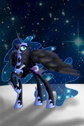 Size: 640x960 | Tagged: safe, artist:raventhehed9eh09, nightmare moon, raised hoof, solo, spread wings, stars