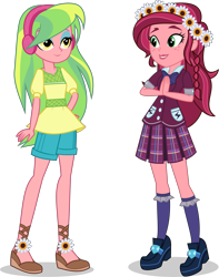 Size: 4739x6000 | Tagged: safe, artist:limedazzle, gloriosa daisy, lemon zest, equestria girls, legend of everfree, absurd resolution, beautiful, classy, clothes, clothes swap, cute, daisybetes, duo, floral head wreath, flower, flower in hair, freckles, green, hands together, headphones, high heels, pleated skirt, request, school uniform, shoes, shorts, simple background, skirt, socks, transparent background, vector, zestabetes