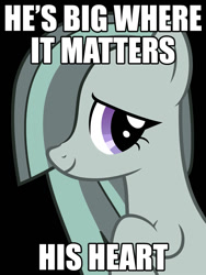 Size: 750x1000 | Tagged: safe, marble pie, earth pony, pony, bait and switch, black background, exploitable meme, female, gray coat, implied big macintosh, implied marblemac, male, mare, meme, painfully innocent marble, paraprosdokian, purple eyes, raised hoof, raised leg, shipping, simple background, smiling, solo, straight, text, two toned mane