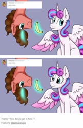 Size: 1280x1980 | Tagged: artist needed, safe, princess flurry heart, oc, oc:banana pie, pony, unicorn, ask, ask flurry heart, banana, food, magic, male, stallion, tumblr, tumblr blog