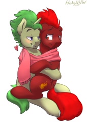 Size: 590x865 | Tagged: safe, artist:hoodoo, oc, oc only, oc:golden heart, oc:storm flare, pegasus, pony, unicorn, bedroom eyes, clothes, couple, cuddling, eye contact, gay, male, my little pony, scarf, shared clothing, shared scarf, snuggling, stallion