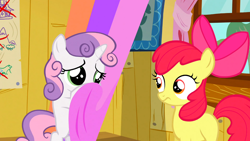 Size: 1366x768 | Tagged: safe, screencap, apple bloom, sweetie belle, earth pony, pony, unicorn, the show stoppers, cute, diasweetes, fabric, female, filly, looking at each other, wide eyes