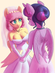 Size: 1080x1440 | Tagged: safe, artist:onomec, derpibooru import, fluttershy, twilight sparkle, twilight sparkle (alicorn), alicorn, anthro, pegasus, breasts, bride, cleavage, clothes, dress, evening gloves, eye contact, female, holding hands, hootershy, lesbian, long gloves, looking at each other, mare, marriage, shipping, simple background, smiling, smiling at each other, twishy, wedding, wedding dress, wedding veil