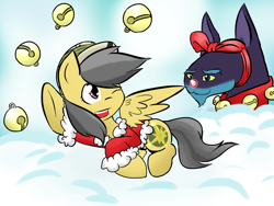 Size: 1024x768 | Tagged: safe, artist:shujiwakahisaa, ahuizotl, daring do, pegasus, pony, 12 days of christmas, bell, christmas, clothes, costume, darizotl, female, holiday, male, mare, ribbon, santa costume, shipping, straight, twelve days of christmas