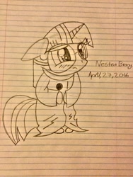 Size: 1024x1365 | Tagged: safe, artist:nesteabrony, twilight sparkle, alphys, clothes, cosplay, costume, lined paper, monochrome, solo, traditional art, twialphys, undertale