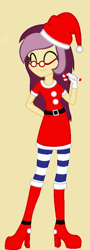 Size: 360x996 | Tagged: safe, artist:starla-stroke94, oc, oc only, oc:lannie lona, equestria girls, birthday gift, candy, candy cane, christmas outfit, clothes, food, glasses, gloves, hat, santa hat, socks, solo, striped socks