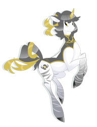 Size: 1024x1331 | Tagged: safe, artist:rannarbananar, oc, oc only, oc:aegis ura, pony, unicorn, zebracorn, curved horn, female, golden eyes, golden ribben, gray mane, mare, outfit, ribbon, solo, stripped legs, white coat, zebra ancestory