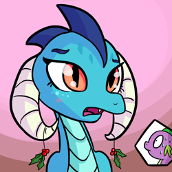 Size: 1280x1280 | Tagged: safe, artist:tjpones, edit, princess ember, spike, dragon, blushing, bust, cute, emberbetes, emberspike, holly, holly mistaken for mistletoe, male, offscreen character, open mouth, portrait, shipping, straight, textless