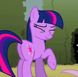 Size: 571x564 | Tagged: safe, screencap, twilight sparkle, earth pony, pony, the return of harmony, adorkable, cropped, cute, dork, earth pony twilight, eyes closed, female, mare, missing horn, plot, raised hoof, scrunchy face, solo, underhoof