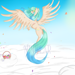 Size: 1280x1280 | Tagged: safe, artist:niniibear, oc, oc only, oc:morning weather, pegasus, pony, cute, ear fluff, eyes closed, flying, solo, watermark