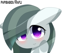 Size: 1082x921 | Tagged: safe, artist:papibabidi, marble pie, :3, blushing, floppy ears, simple background, solo