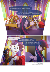 Size: 3541x5016 | Tagged: safe, artist:gashiboka, derpibooru import, doctor whooves, fluttershy, rarity, roseluck, twilight sparkle, twilight sparkle (alicorn), oc, oc:silent dash, alicorn, earth pony, pegasus, pony, unicorn, comic:recall the time of no return, clothes, comic, dress, guard, iron wolf, patreon, patreon logo, tyrant sparkle