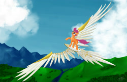 Size: 3508x2273 | Tagged: dead source, safe, artist:dezdark, scootaloo, artificial wings, augmented, flying, glider, mechanical wing, solo, wings