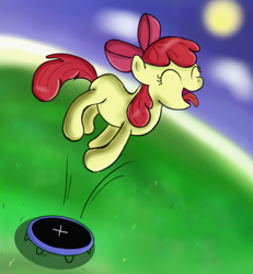 Size: 1000x1080 | Tagged: safe, artist:milanoss, apple bloom, jumping, solo, tongue out, trampoline