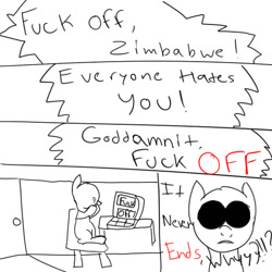 Size: 512x512 | Tagged: safe, artist:shit-tier, oc, oc only, oc:zimbabwe, /mlp/, baww, comic, drawthread, monochrome, verbal abuse, vulgar