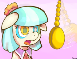 Size: 2100x1599 | Tagged: safe, artist:chirimiru, coco pommel, earth pony, pony, cute, female, floppy ears, hypnosis, hypnotized, kaa eyes, mare, open mouth, pendulum swing, solo, watch