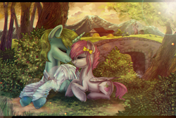 Size: 6000x3999 | Tagged: safe, artist:fly-gray, oc, oc only, pegasus, unicorn, bridge, chromatic aberration, clothes, couple, cute, forest, mountain, shipping, windmill