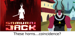 Size: 1720x828 | Tagged: safe, lord tirek, twilight's kingdom, coincidence, comparison, horns, samurai jack, simple background, transparent background