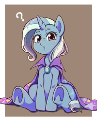 Size: 1936x2424 | Tagged: safe, artist:nazonazopowerfu, trixie, pony, unicorn, abstract background, cute, diatrixes, female, looking at you, mare, pixiv, question mark, sitting, solo, underhoof