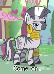 Size: 538x732 | Tagged: safe, zecora, zebra, dialogue, earring, jewelry, piercing, solo, unamused