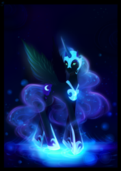 Size: 2480x3507 | Tagged: safe, artist:minamikoboyasy, nightmare moon, black background, glow, glowing mane, simple background, solo, spread wings