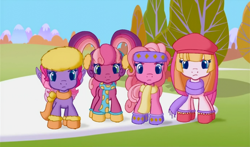 Size: 740x435 | Tagged: safe, screencap, cheerilee (g3), pinkie pie (g3), starsong, toola roola, g3.5, twinkle wish adventure, bandana, clothes, earmuffs, hat, looking at you, scarf, snow, upset