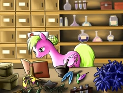 Size: 1600x1200 | Tagged: safe, artist:28gooddays, pegasus, pony, book, chemist, chemistry, feather, hairnet, nurse, solo