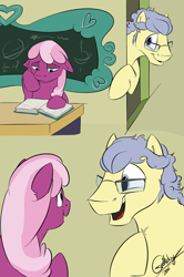 Size: 1024x1542 | Tagged: safe, artist:rutkotka, cheerilee, oc, oc:whispering wind, book, canon x oc, chalkboard, cheeriwind, cute, desk, female, glasses, male, shipping, straight