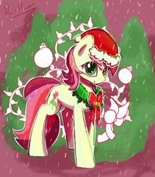 Size: 1400x1600 | Tagged: safe, artist:darkflame75, roseluck, earth pony, pony, bow, christmas, christmas wreath, cute, cuteluck, female, hat, mare, ornament, santa hat, snow, snowfall, solo, wreath