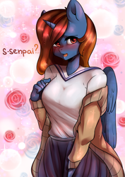 Size: 2507x3541 | Tagged: safe, artist:yukomaussi, oc, oc only, alicorn, anthro, alicorn oc, blushing, senpai, solo