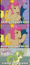 Size: 450x974 | Tagged: safe, edit, edited screencap, screencap, carrot top, clover (g1), golden harvest, patch (g1), earth pony, pony, boast busters, g1, my little pony tales, shop talk, background pony, caption, female, green hair, green mane, lyrics, mare, meme