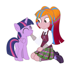 Size: 800x727 | Tagged: safe, artist:dm29, twilight sparkle, twilight sparkle (alicorn), oc, oc:marmalade starrynights, alicorn, equestria girls, april fools, april fools 2016, april fools joke, donut steel, duo, needs more jpeg, petting, simple background, stylistic suck, transparent background