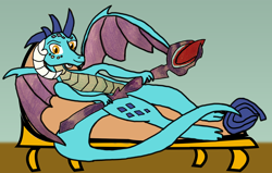 Size: 1280x815 | Tagged: safe, artist:ocean_72, dragon lord ember, princess ember, dragon, bloodstone scepter, fainting couch, looking at you, lying down, on back, smiling, sofa, solo