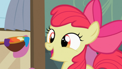 Size: 1366x768 | Tagged: safe, screencap, apple bloom, earth pony, pony, family appreciation day, adorabloom, apple, bow, cute, female, filly, food, hair bow, jam, open mouth, smiling, solo, spoon, zap apple, zap apple jam