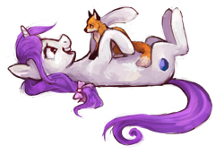 Size: 1215x834 | Tagged: safe, artist:johling, oc, oc only, oc:marshmallow breeze, oc:porzellanfuchs, fox, pony, unicorn, on back, simple background, transparent background