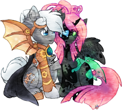 Size: 2917x2621 | Tagged: safe, artist:iroxykun, oc, oc only, oc:gears, oc:stitches, changeling, hybrid, pegasus, pony, artificial wings, augmented, cape, clothes, comforting, crying, female, goggles, horn, male, mechanical wing, oc x oc, shipping, steampunk, straight, wings