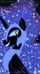 Size: 860x1600 | Tagged: safe, artist:magicandmysterygal, nightmare moon, alicorn, black coat, female, horn, mare, simple background, solo