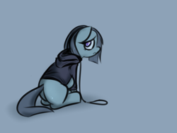 Size: 2059x1551 | Tagged: safe, artist:jetwave, marble pie, pony, clothes, collar, hoodie, leash, lonely inky, sad, solo