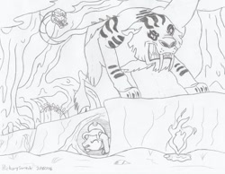 Size: 1013x788 | Tagged: safe, artist:hickory17, chimera sisters, oc, oc:hickory switch, chimera, cowboy hat, fire, hat, hickory's journey, hiding, monochrome, multiple heads, scenery, show accurate, stetson, swamp, three heads, traditional art