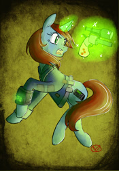 Size: 1050x1500 | Tagged: safe, artist:ryuredwings, oc, oc only, oc:littlepip, pony, unicorn, fallout equestria, clothes, fanfic, fanfic art, female, glowing horn, gun, handgun, little macintosh, magic, mare, pipbuck, revolver, simple background, solo, telekinesis, vault suit, weapon