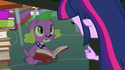 Size: 1280x720 | Tagged: safe, screencap, spike, twilight sparkle, dog, equestria girls, equestria girls (movie), book, spike the dog