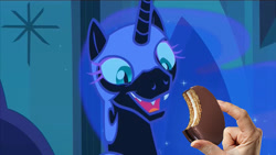 Size: 853x480 | Tagged: safe, screencap, nightmare moon, the cutie re-mark, alternate timeline, cute, discovery family logo, faic, fangs, happy, moon pie, moonabetes, moonie snacks, nightmare takeover timeline, open mouth, sharp teeth, smiling, solo, teeth